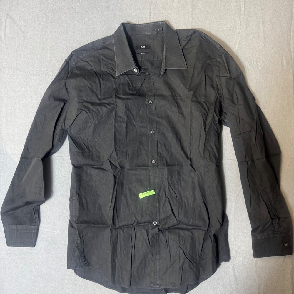 Hugo Boss Slim Fit Charcoal Grey Button Down Shirt Mens 17 34/35 Long Sleeve